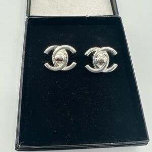 Chanel silver clip on turn lock earrings in box 😍